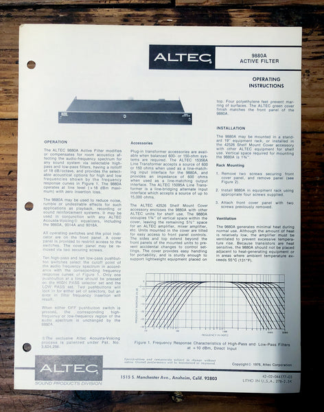 Altec Model 9880A Active Filter  Owners Manual & Schematic *Orig*