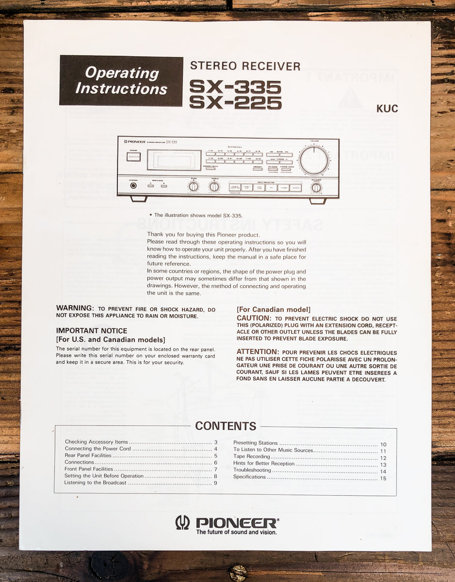 Pioneer SX-225 SX-335 Receiver Owners / User Manual *Original*