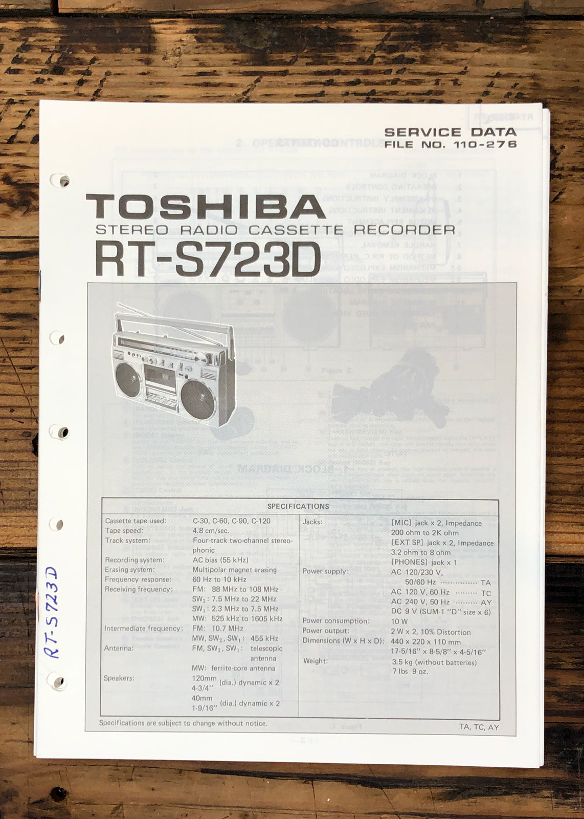 Toshiba RT-S723D Stereo Service Manual *Original*