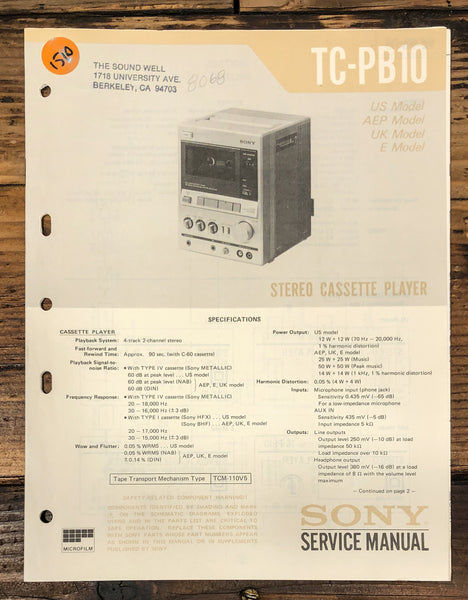 Sony TC-PB10 Cassette Service Manual *Original*