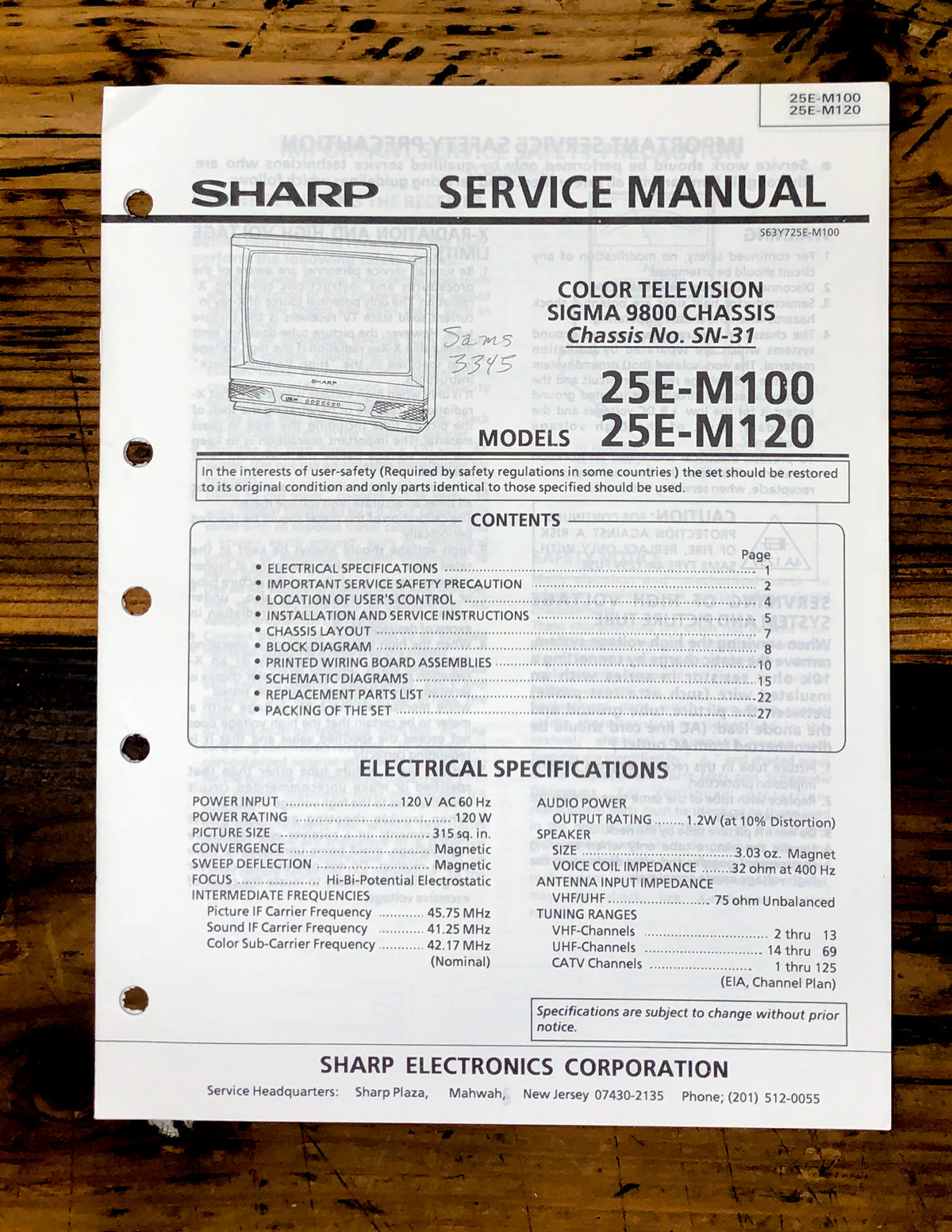 Sharp 25E-M100 25E-M120 TV / Television Service Manual *Original*