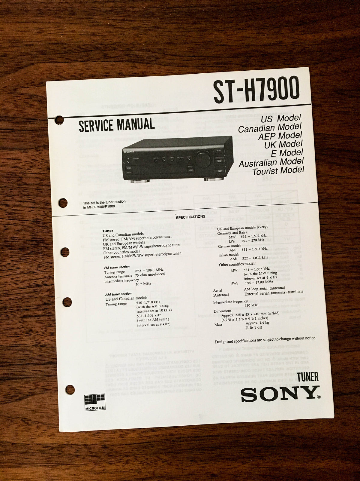 Sony ST-H7900 Tuner Service Manual *Original*