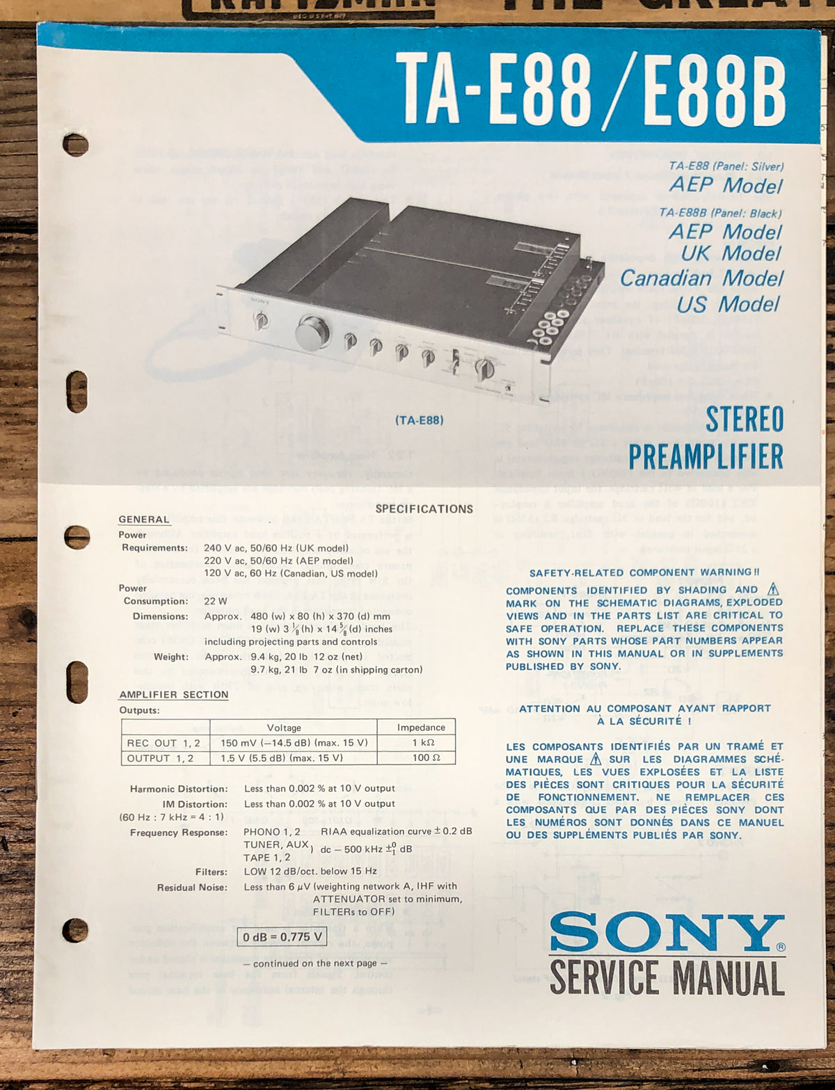 Sony TA-E88 TA-E88B Preamp / Preamplifier  Service Manual *Original*