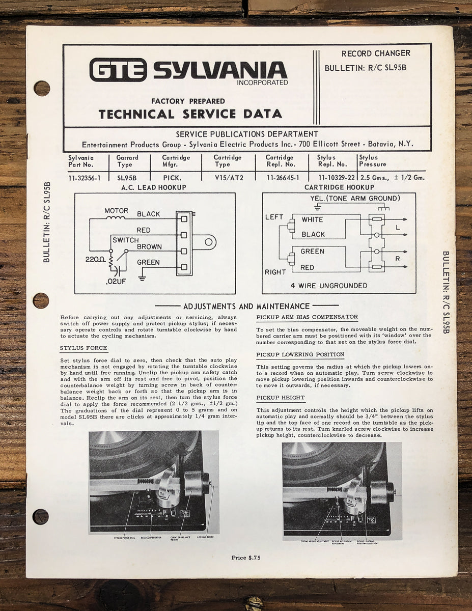 Sylvania / Garrard R/C Model SL95B Record Changer Service Manual *Original*