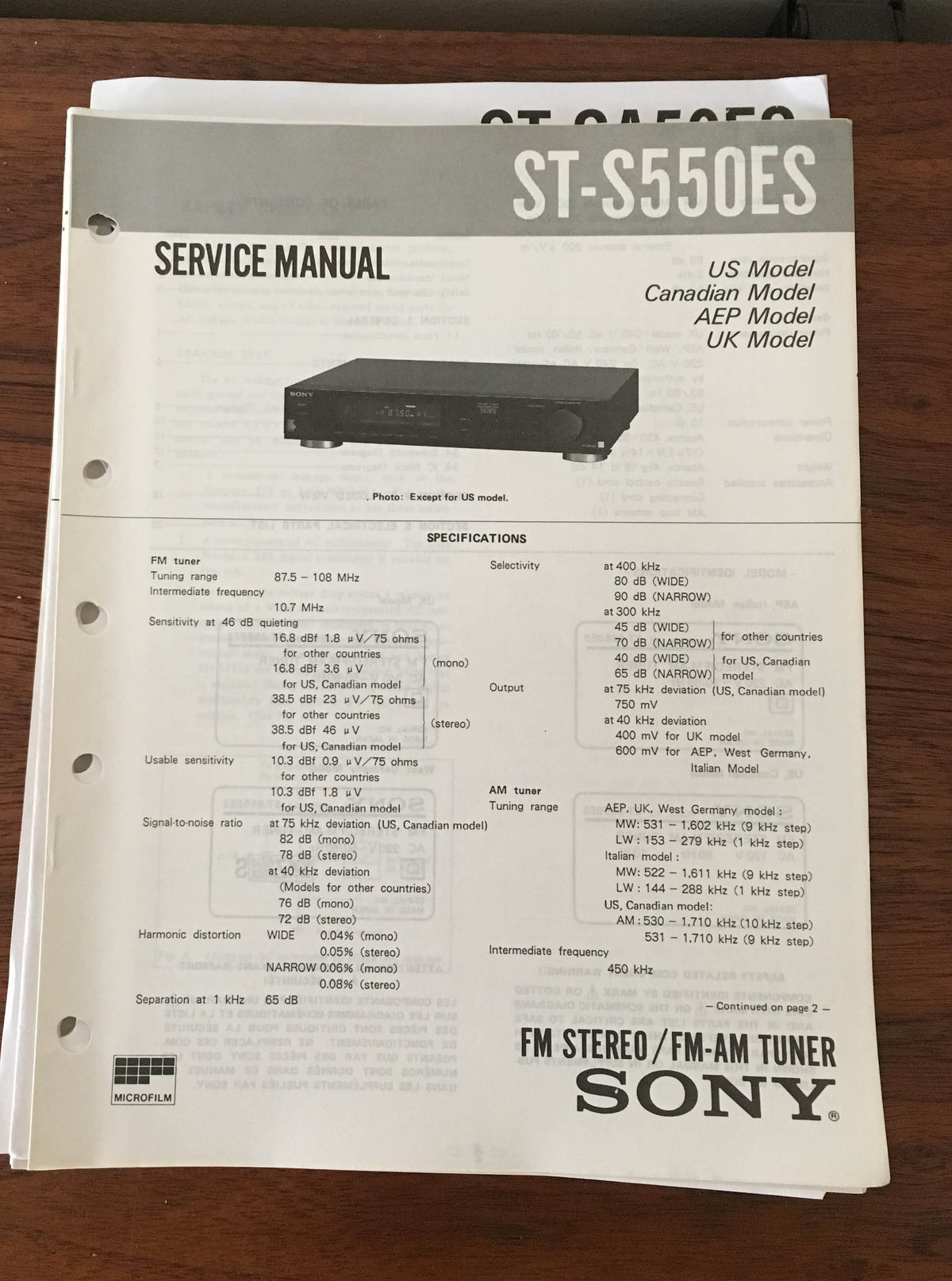 Sony ST-S550ES Tuner Service Manual *Original*