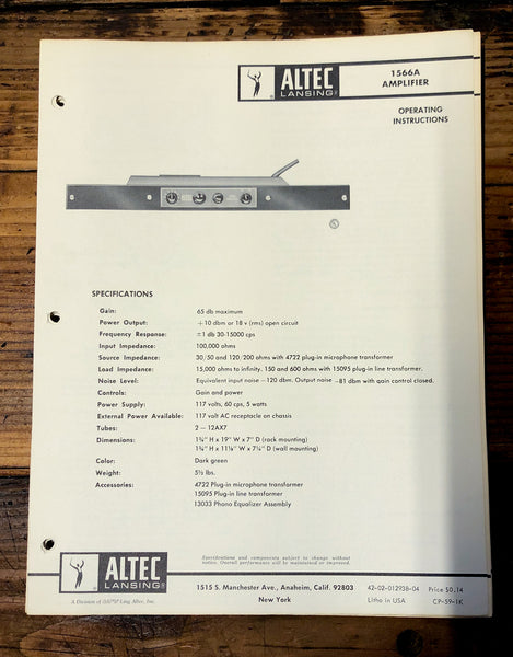 Altec Model 1566A Amplifier  Owners Manual & Schematic *Orig*