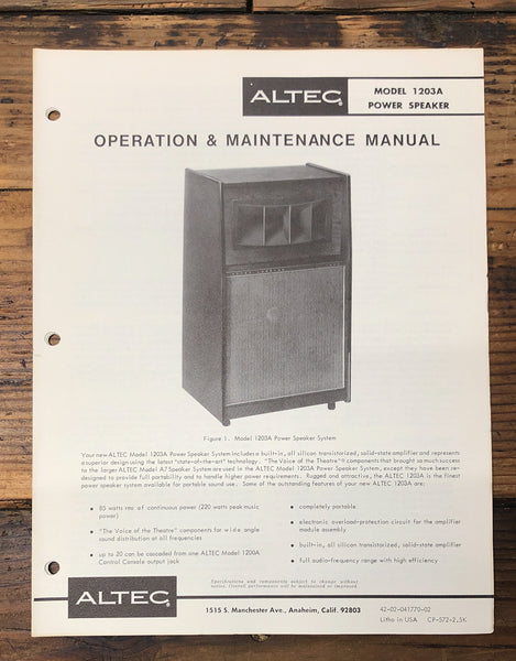 Altec Model 1203A Speaker  Service Manual *Original*