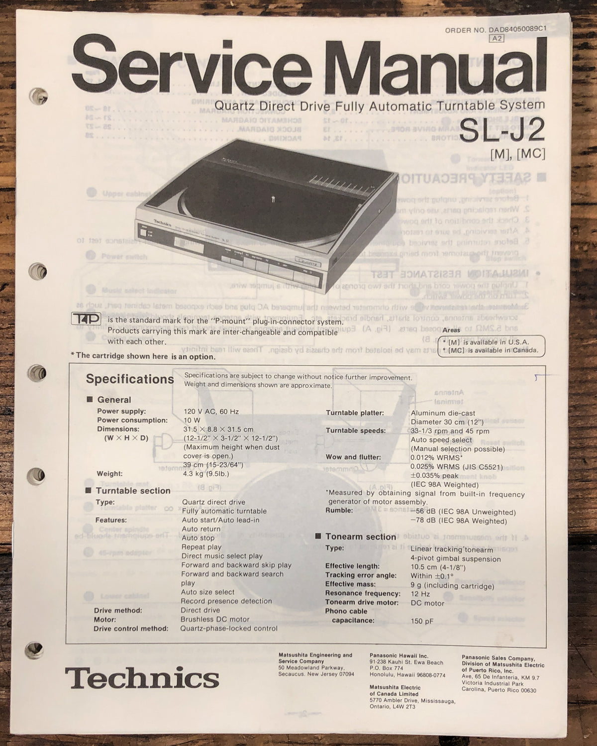 Technics / Panasonic SL-J2 Turntable  Service Manual *Original* #1