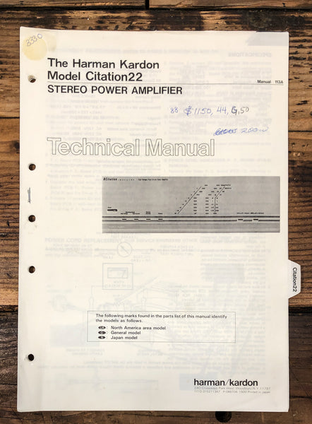 Harman Kardon Citation 22 Amplifier  Service Manual *Original*