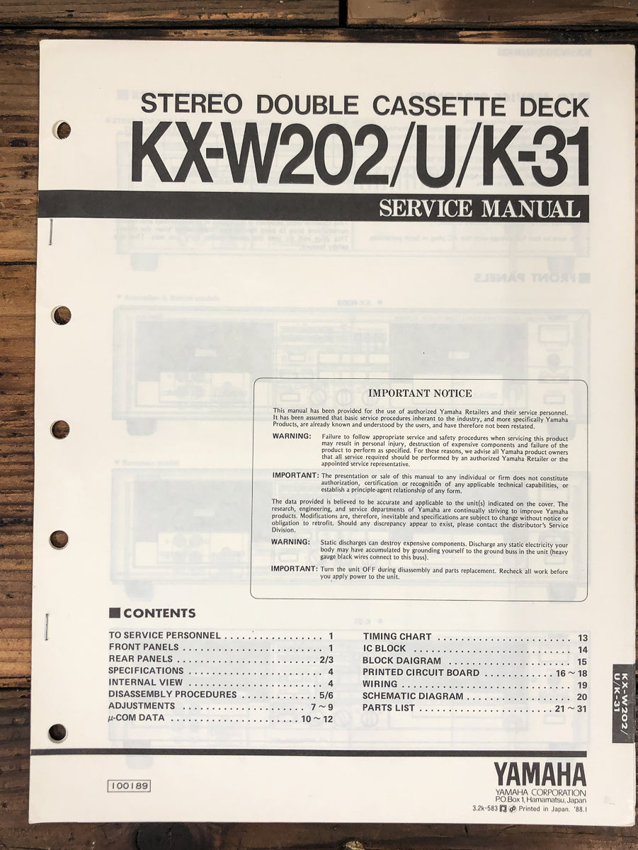 Yamaha KX-W202 K-31 Cassette Service Manual *Original*