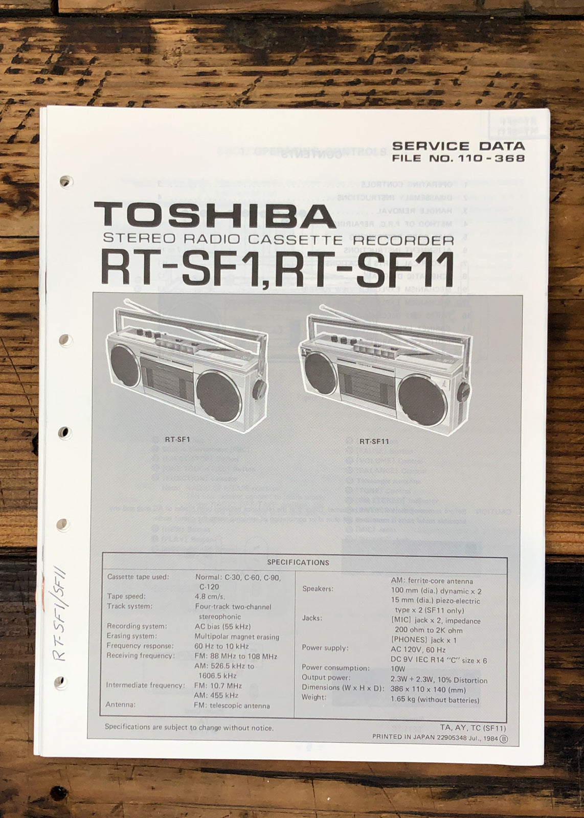 Toshiba RT-SF1 RT-SF11 Stereo Service Manual *Original*