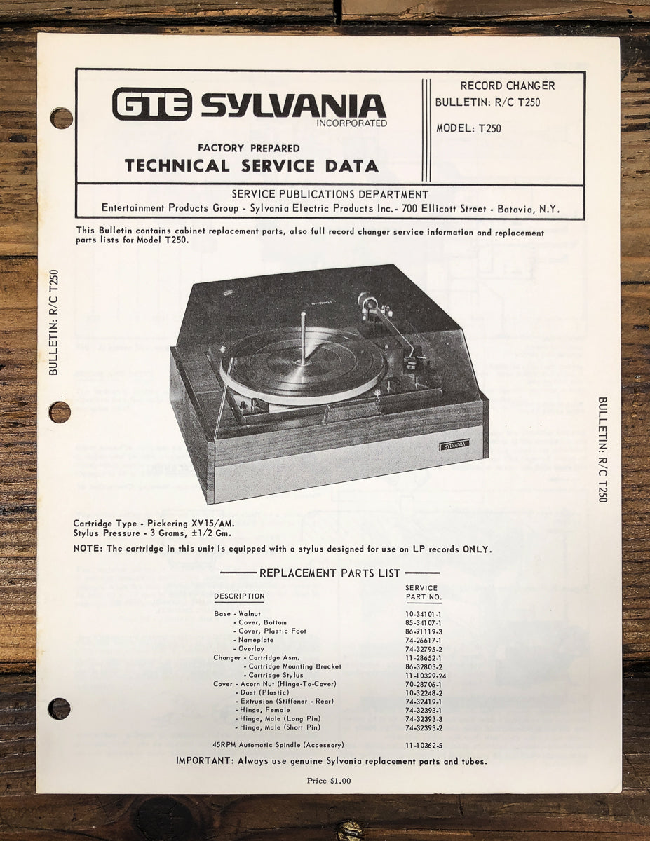 GTE Sylvania R/C Model T250 T-250 Record Changer Service Manual *Original*