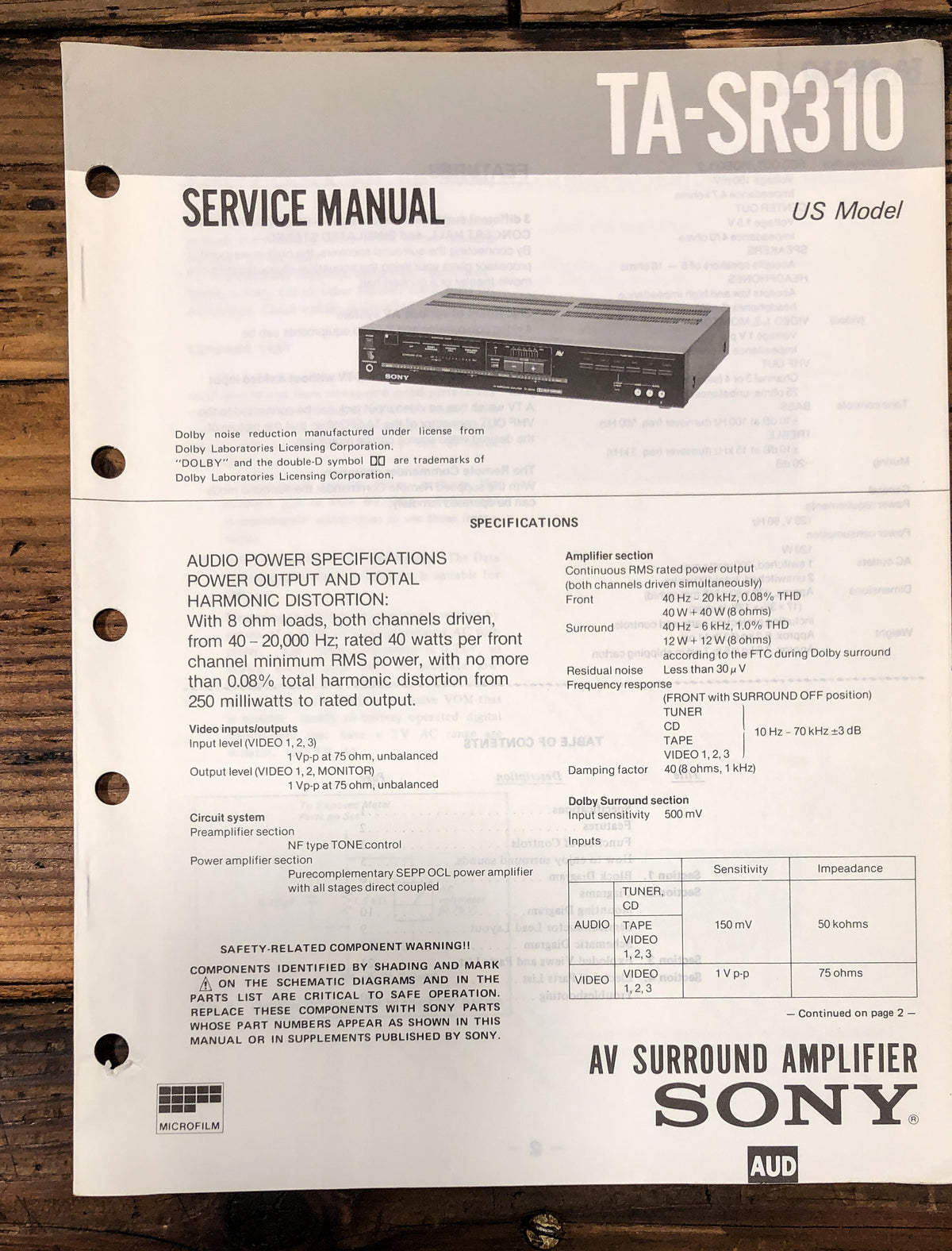 Sony TA-SR310 Amplifier Service Manual *Original*