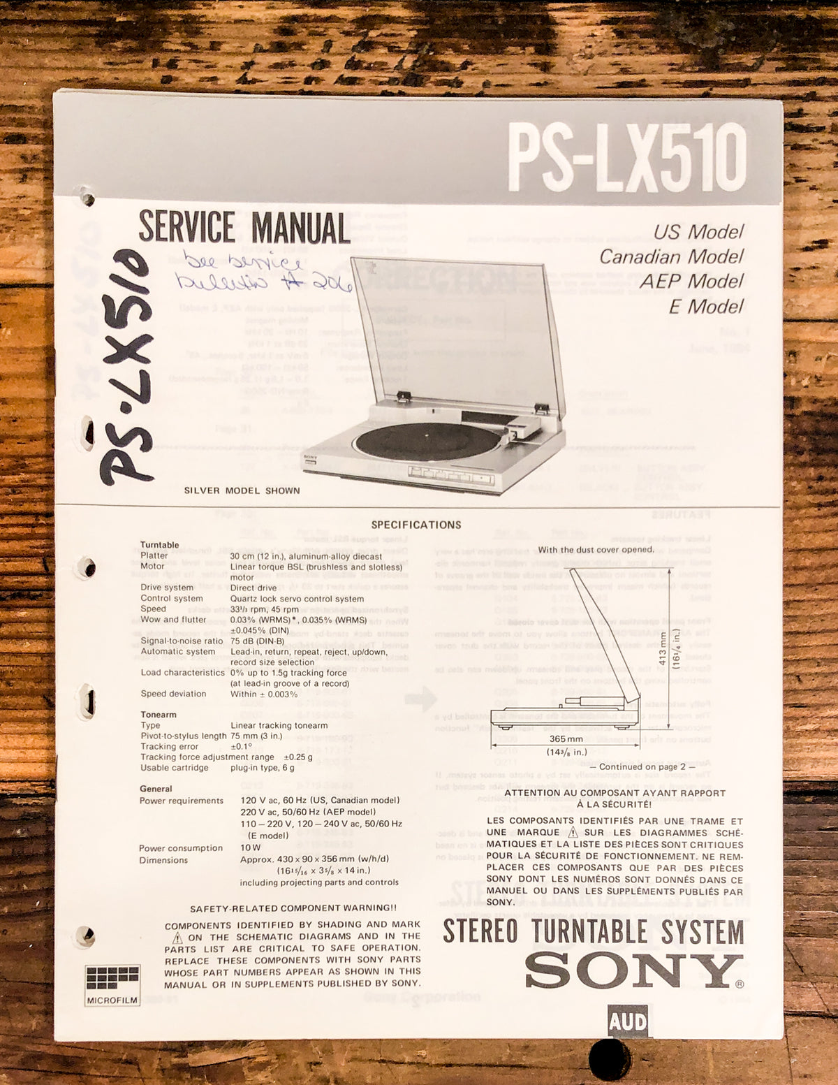 Sony PS-LX510 Record Player / Turntable  Service Manual *Original*