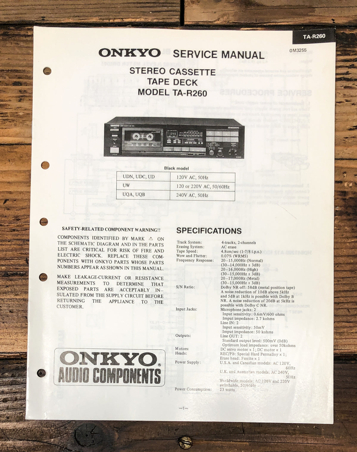 Onkyo TA-R260 Cassette Service Manual *Original*