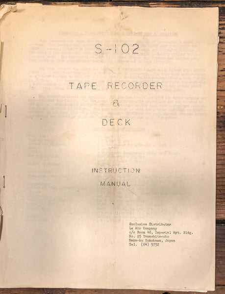 Le Air Company Model S-102 Tape Recorder Owners / User Manual *Original*