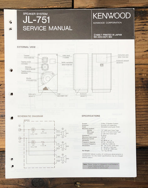 Kenwood JL-751 Speaker  Service Manual *Original*