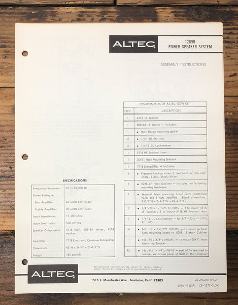 Altec Model 1209B Speaker  Service Manual *Original*