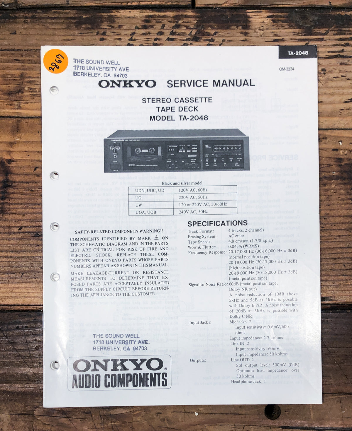 Onkyo TA-2048 Cassette  Service Manual *Original*