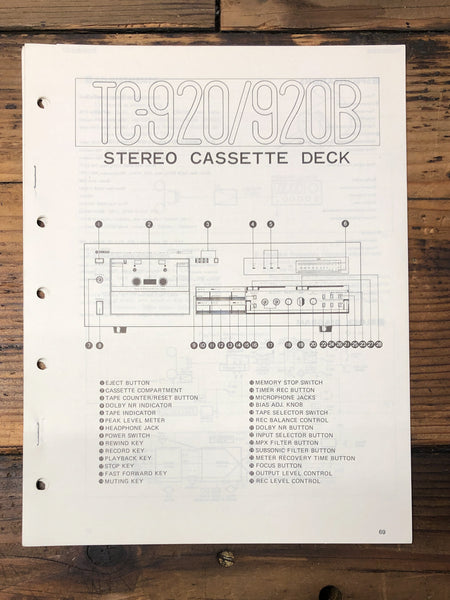 Yamaha TC-920 TC-920B Cassette  Service Manual *Original*