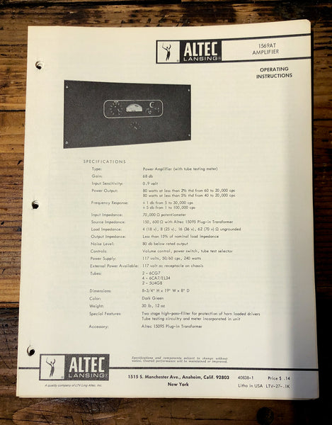 Altec Model 1569AT Amplifier  Owners Manual & Schematic *Orig*