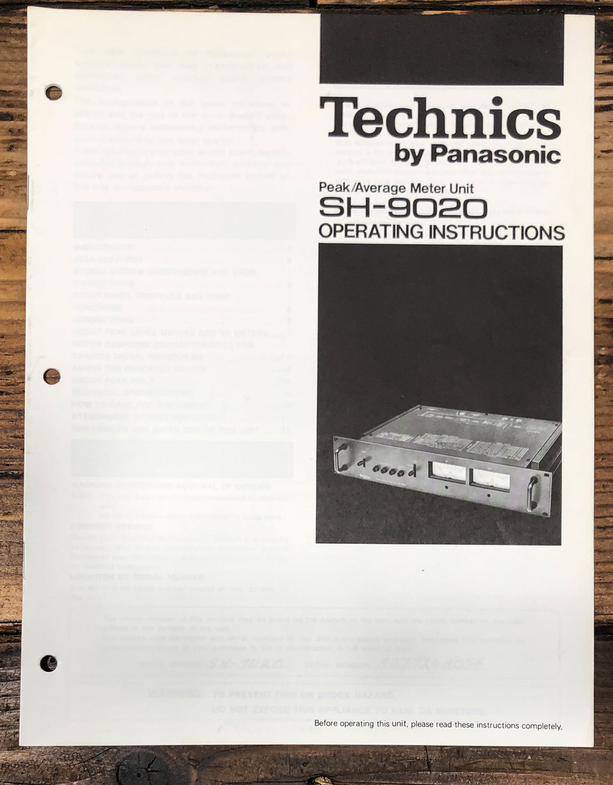 Technics SH-9020 Meter Unit Owners / User Manual *Original*