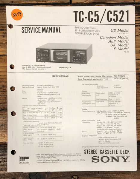 Sony TC-C5 TC-C521 Cassette Service Manual *Original*
