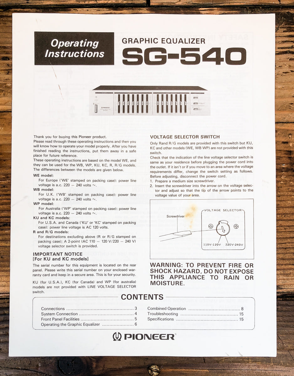 Pioneer SG-540 Equalizer Owners / User Manual *Original*