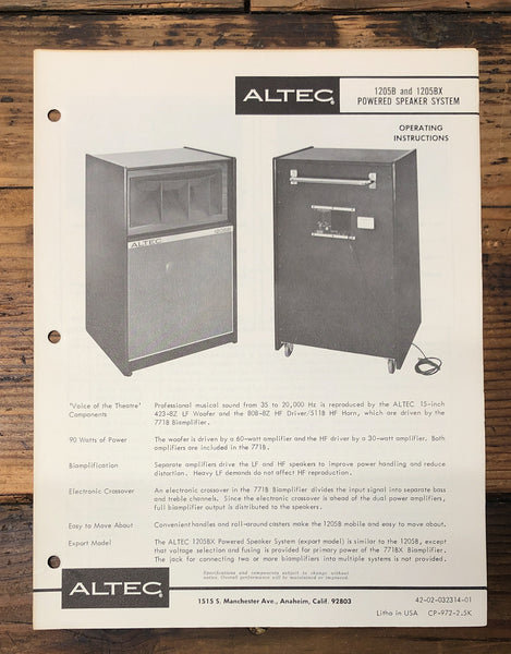 Altec Model 1205B 1205BX Speaker  Service Manual *Original*