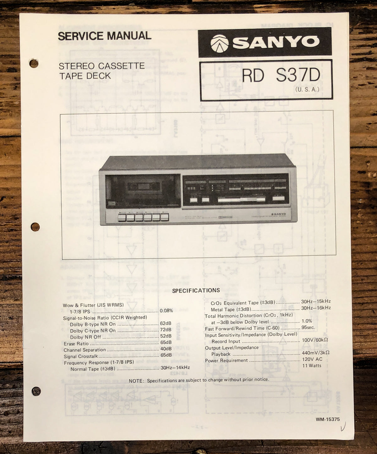 Sanyo RD S37D RD-S37D Cassette Service Manual *Original*