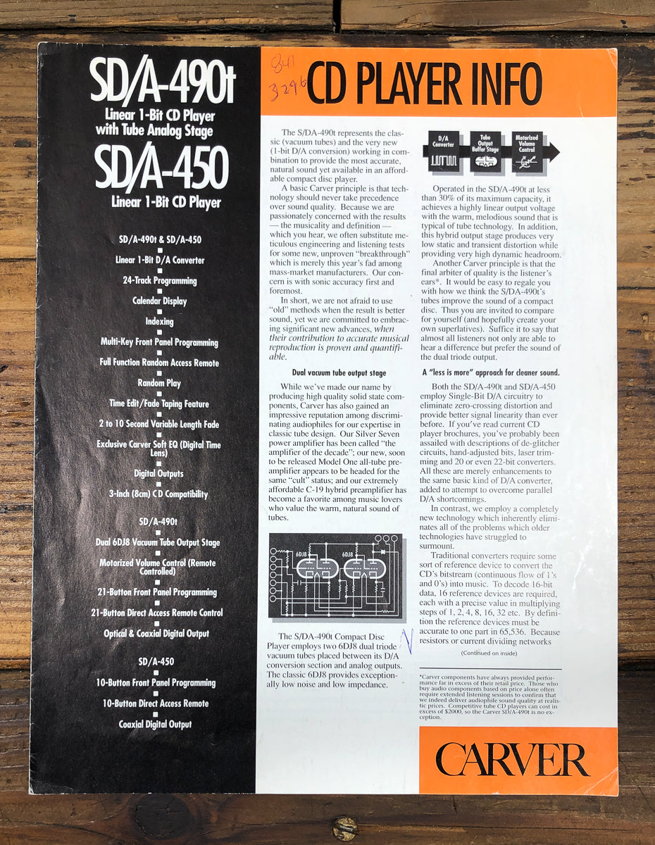 Carver SD/A-490T SD/A-450 CD Player 4pg 1990 DealerBrochure *Original*
