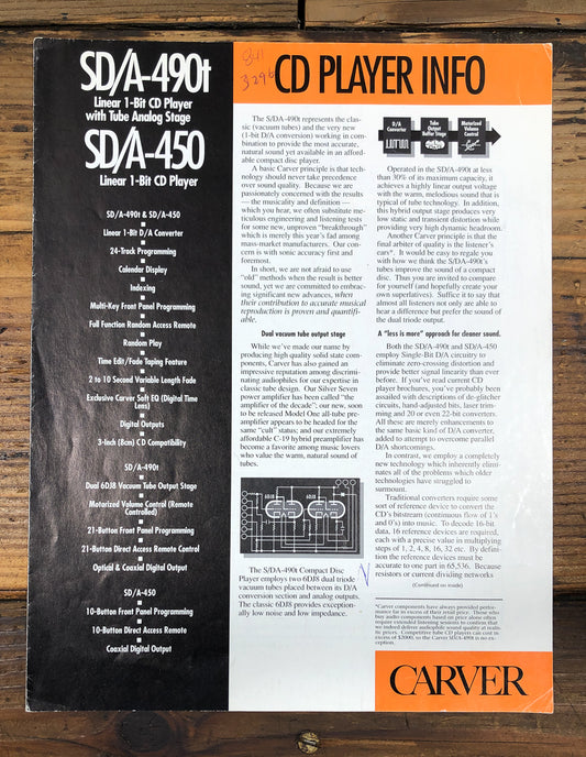 Carver SD/A-490T SD/A-450 CD Player 4pg 1990 DealerBrochure *Original*
