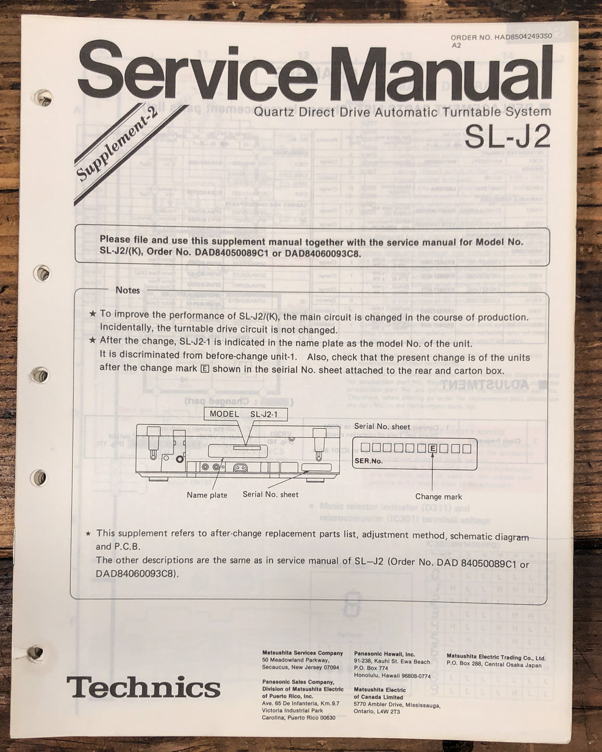 Technics / Panasonic SL-J2 Turntable Supp. 2 Service Manual *Original*