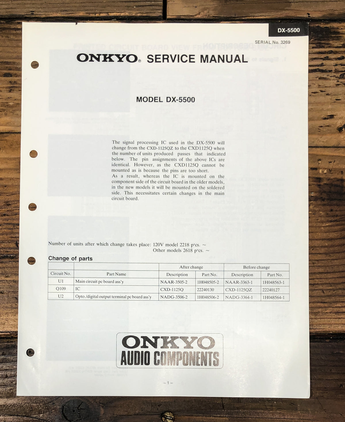 Onkyo DX-5500 CD Player Add. Service Manual *Original*