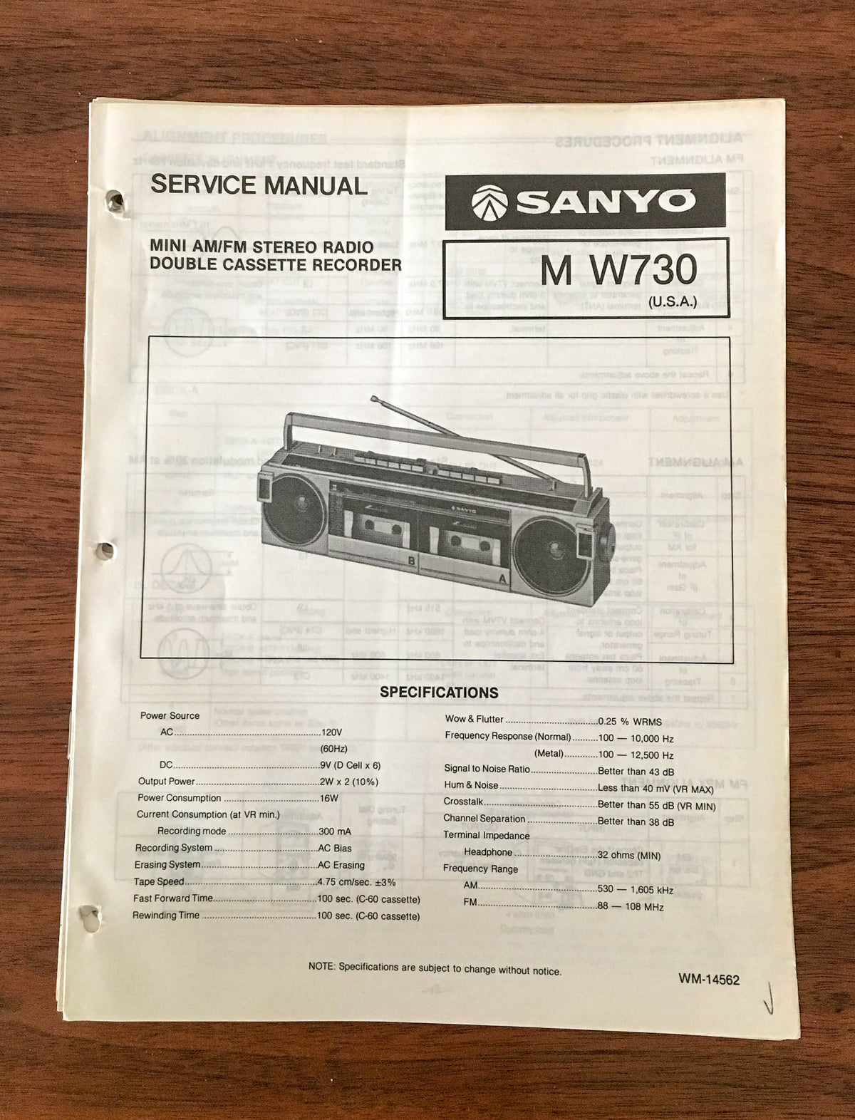 Sanyo M W730 Boombox / Radio Cassette Service Manual *Original*