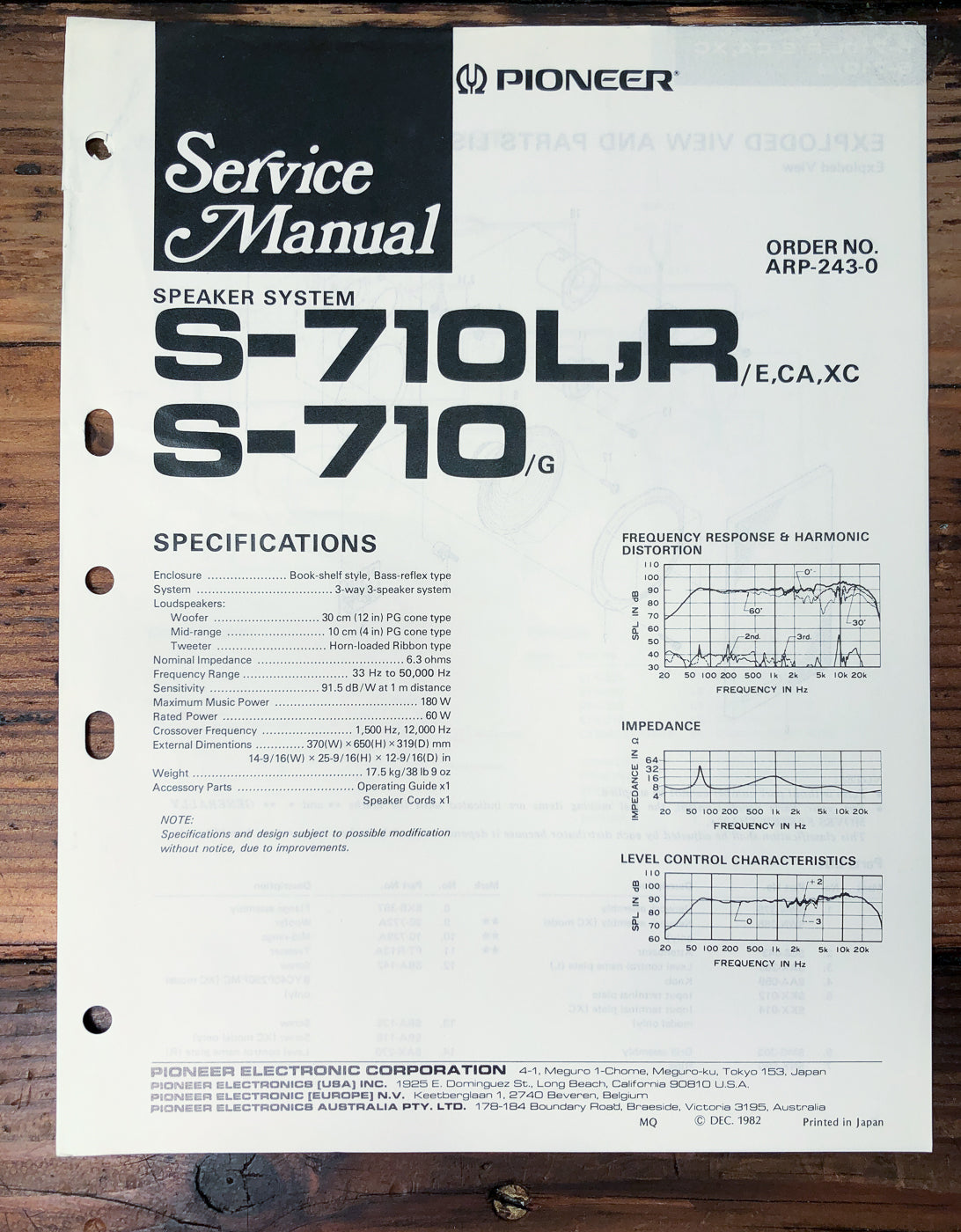 Pioneer S-710L S-710R S-710 Speaker System Service Manual *Original*