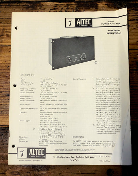 Altec Model 1590B Amplifier  Owners Manual & Schematic *Orig*