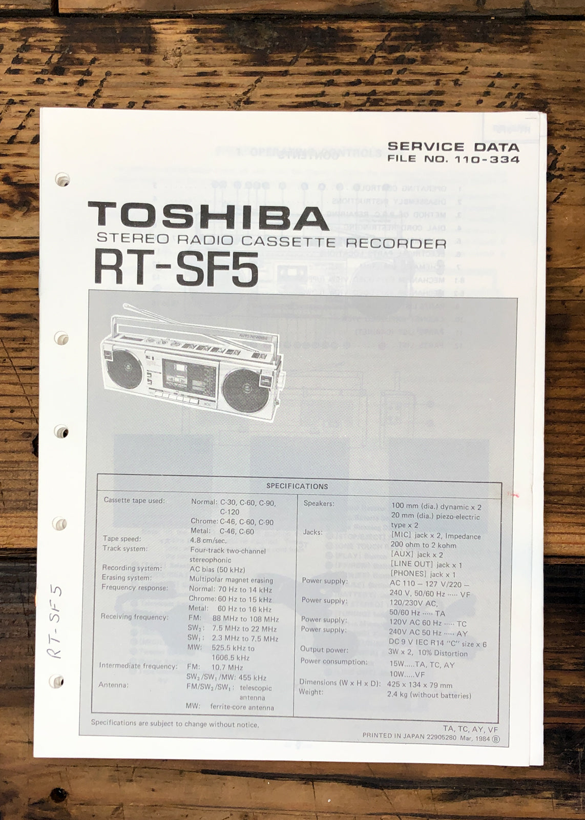 Toshiba RT-SF5 Stereo Service Manual *Original*