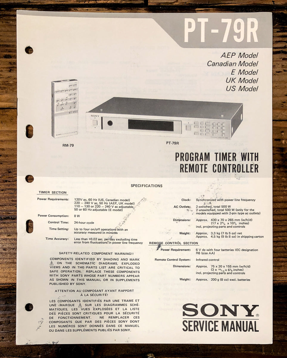 Sony PT-79R Program Timer Service Manual *Original*