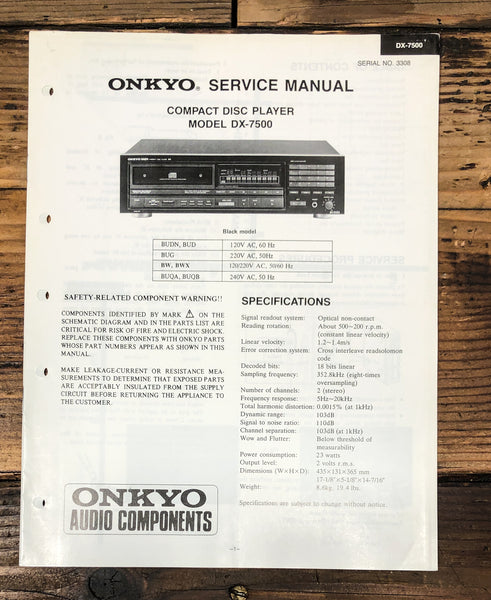 Onkyo DX-7500 CD Player Service Manual *Original*