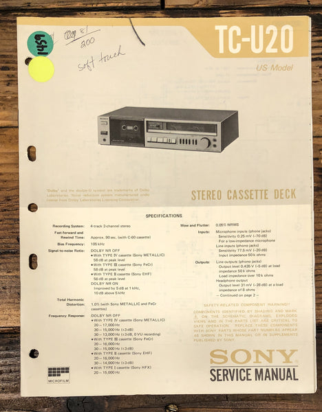 Sony TC-U20 Receiver Service Manual *Original*