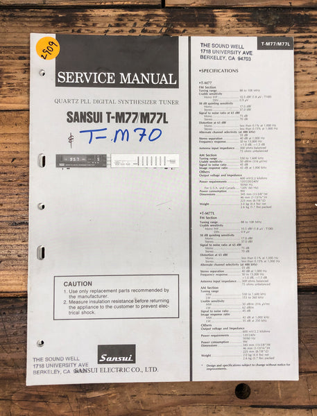 Sansui T-M77 T-M77L T-M70 Tuner  Service Manual *Original*