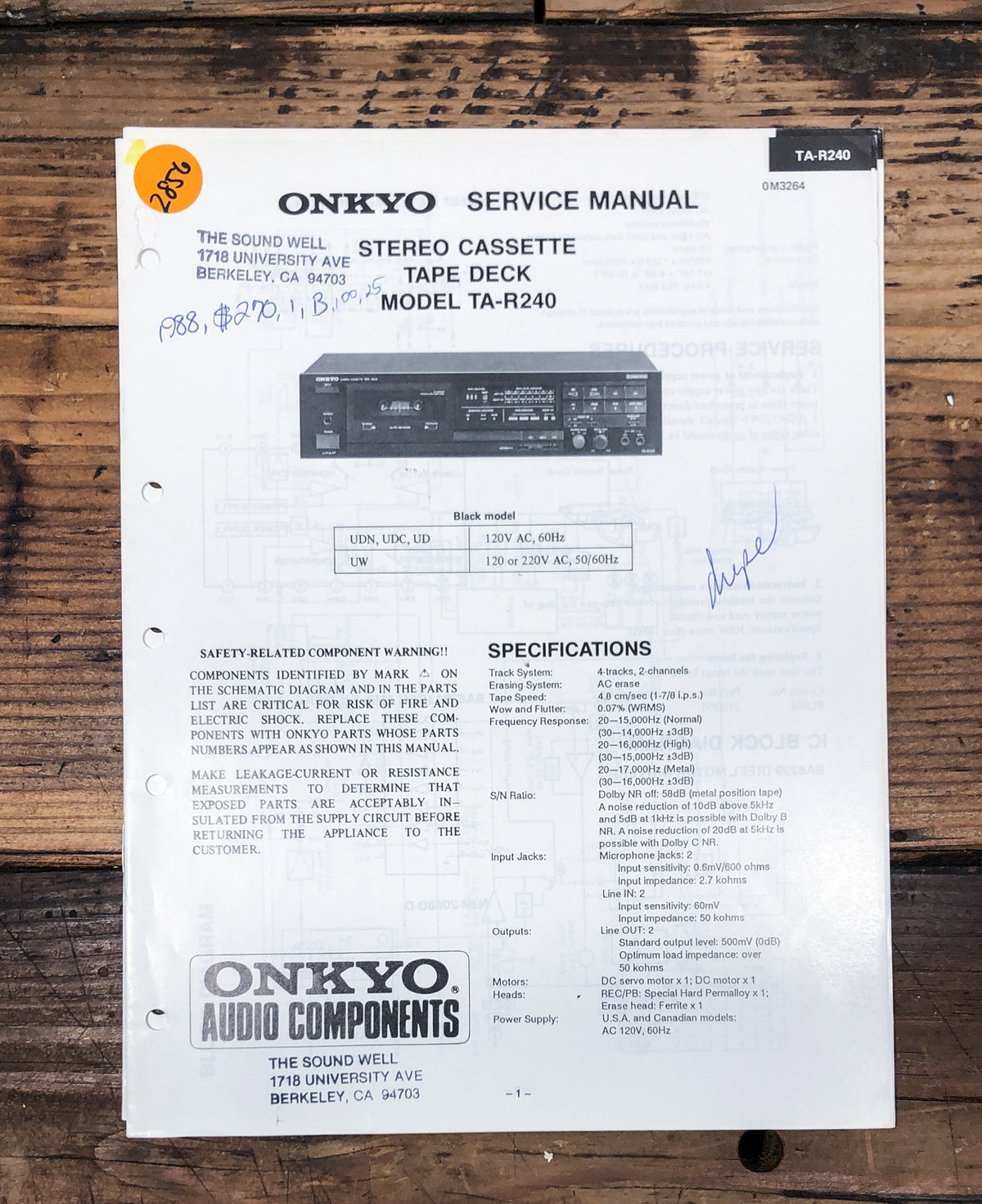 Onkyo TA-R240 Cassette  Service Manual *Original*