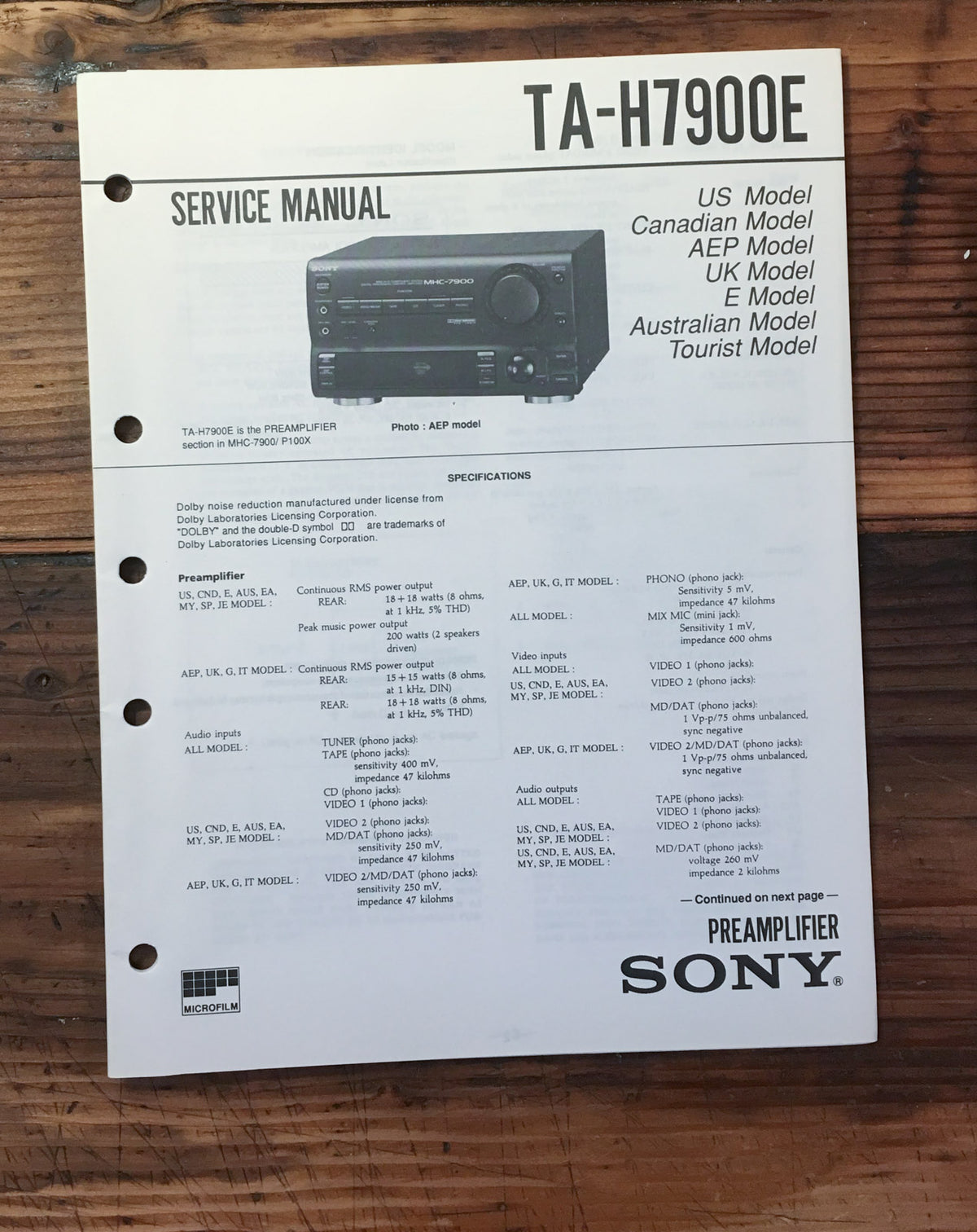 Sony TA-H7900E Amplifier  Service Manual *Original*