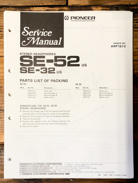 Pioneer SE-32 SE-52 Headphones  Service Manual *Original*