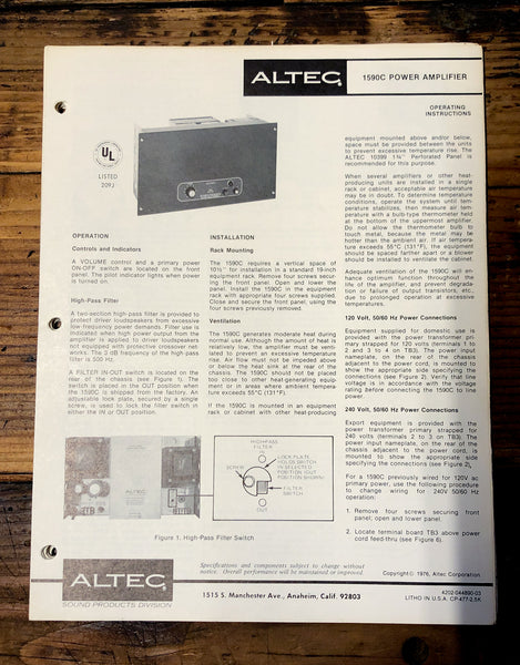 Altec Model 1590C Amplifier  Owners Manual & Schematic *Orig*