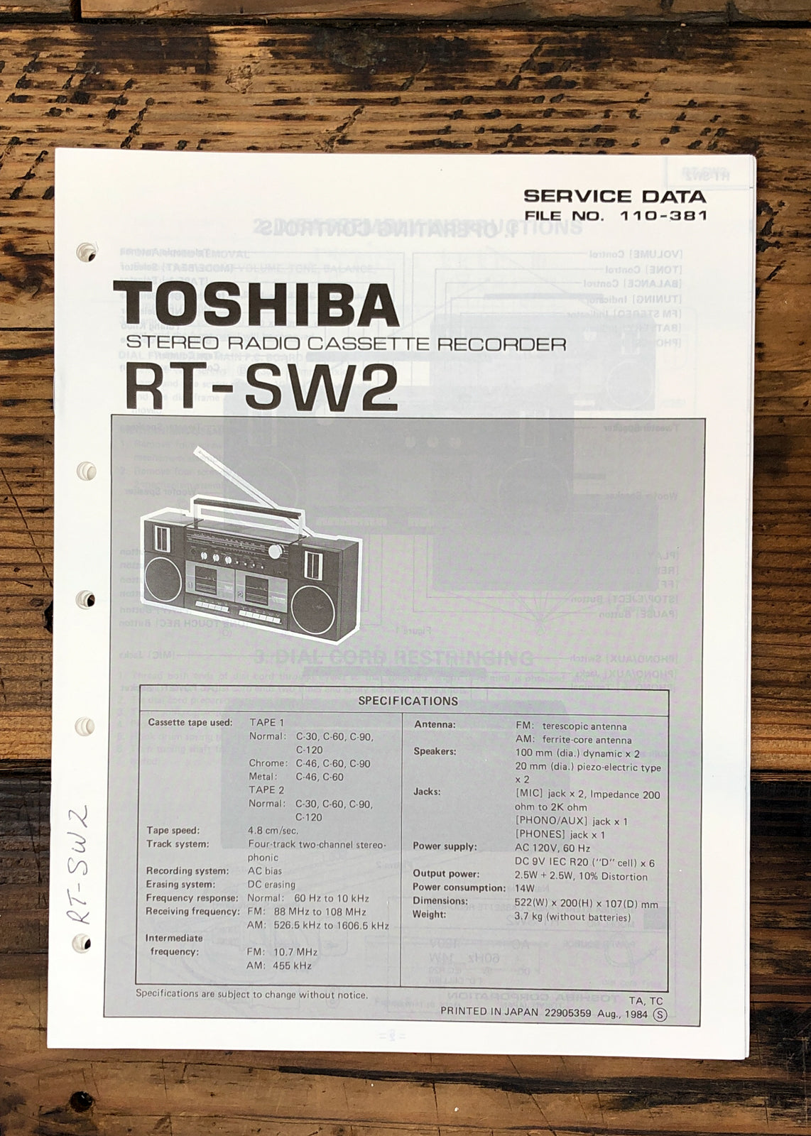 Toshiba RT-SW2 Stereo Service Manual *Original*
