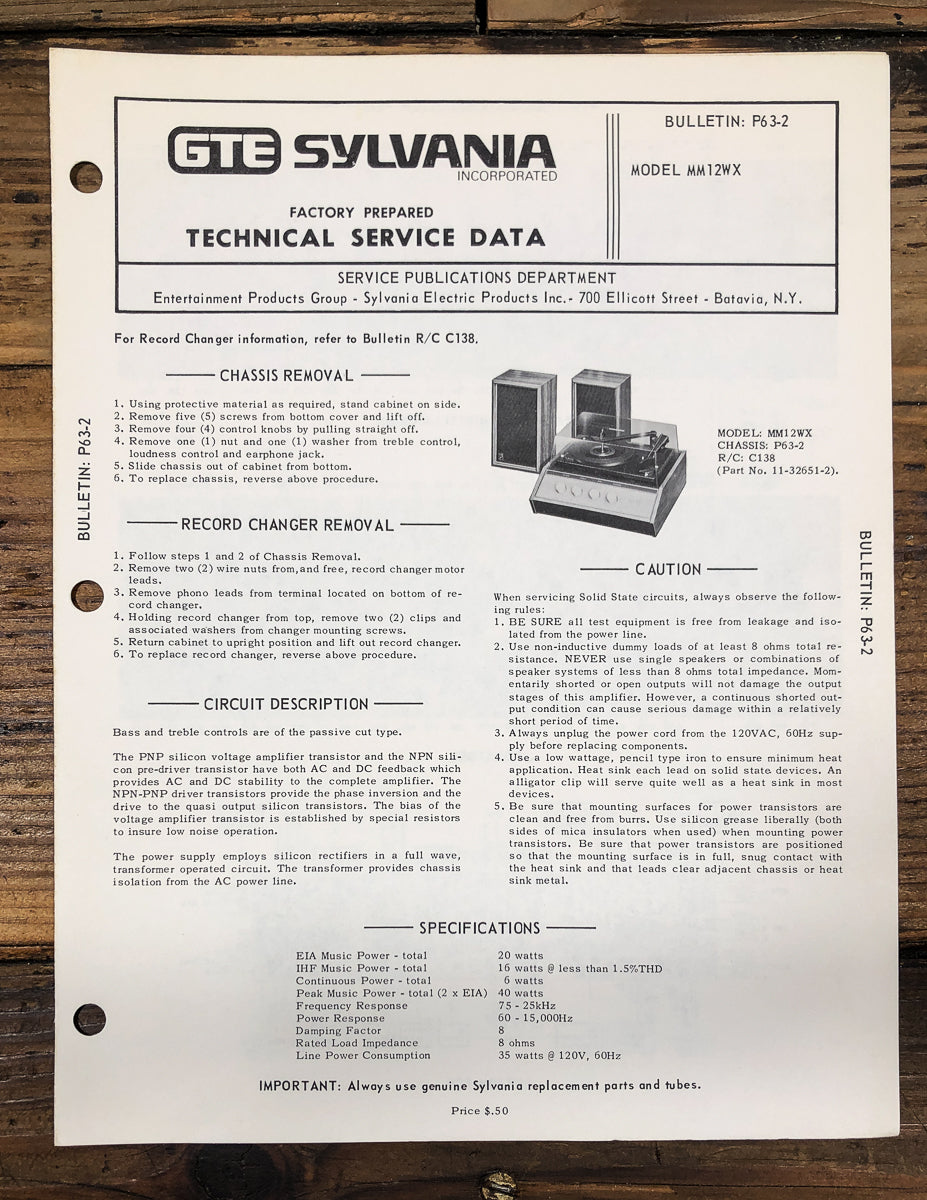 GTE Sylvania Model MM12WX Stereo Service Manual *Original*