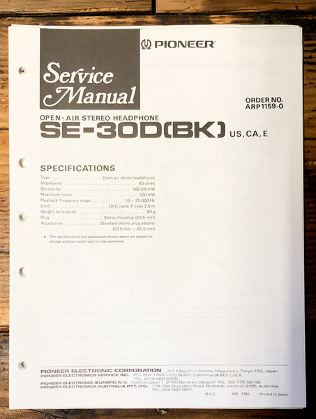 Pioneer SE-30D Headphones  Service Manual *Original*