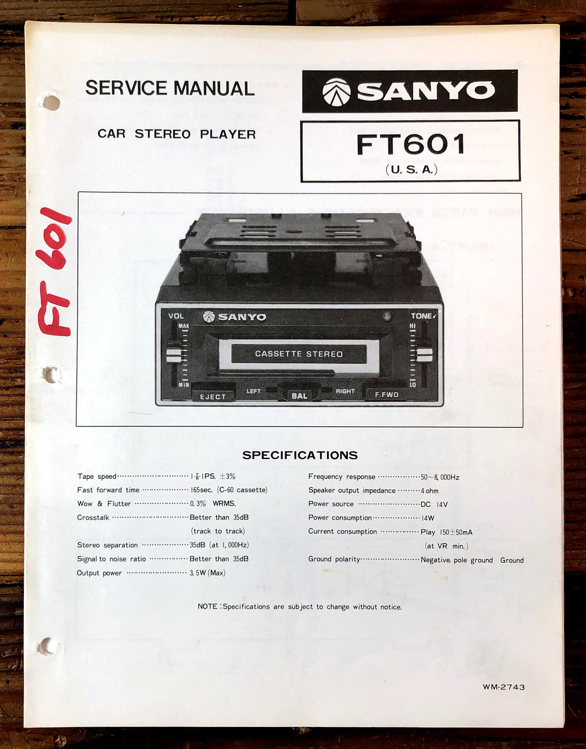 Sanyo FT 601 Car Stereo Player Service Manual *Original*